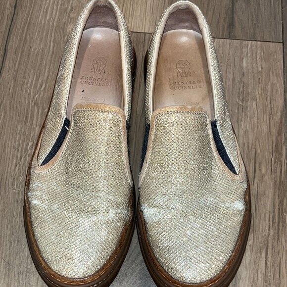 Brunello Cucinelli Metallic Gold Slip On Loafers Womens shoes 37.5 - Picture 2 of 10